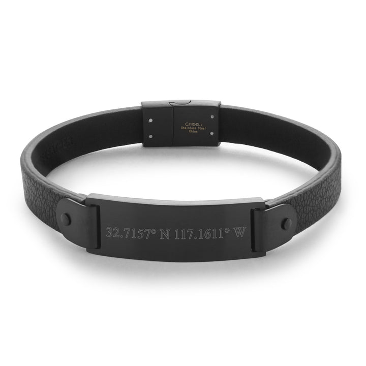 Men's Custom Coordinate Black Stainless Steel Leather Bracelet