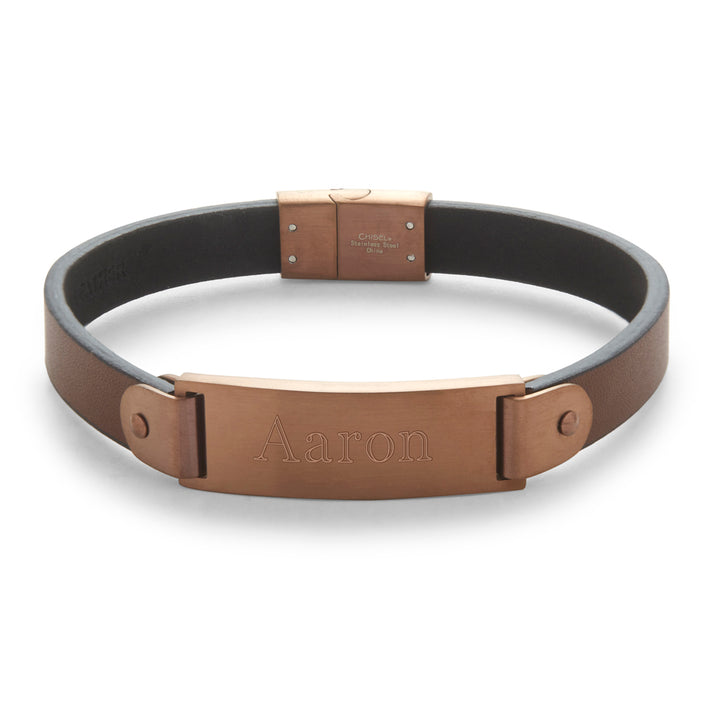 Men's Brushed Brown Stainless Steel Leather ID Bracelet