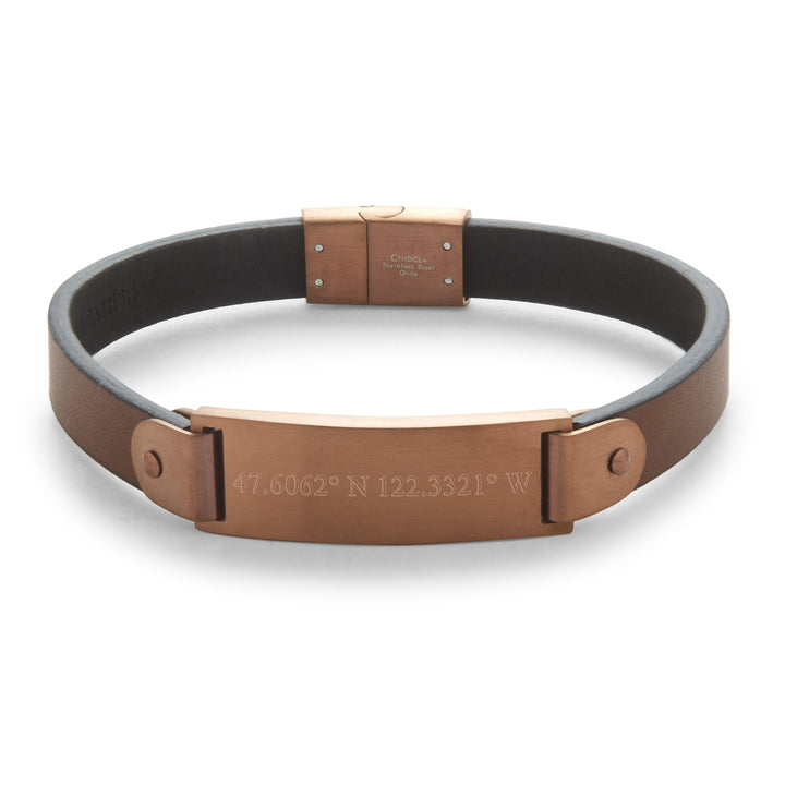 Men's Custom Coordinate Brushed Brown Stainless Steel Leather Bracelet