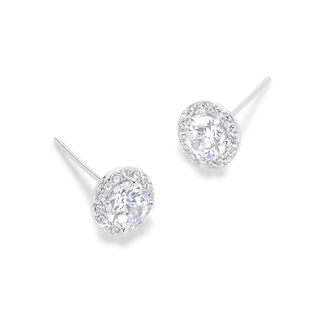 Sterling Silver Halo Oval Stud Earrings