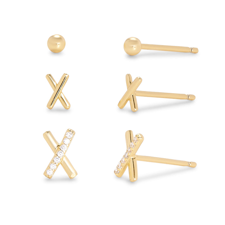 CZ Gold X and Ball Earring Set