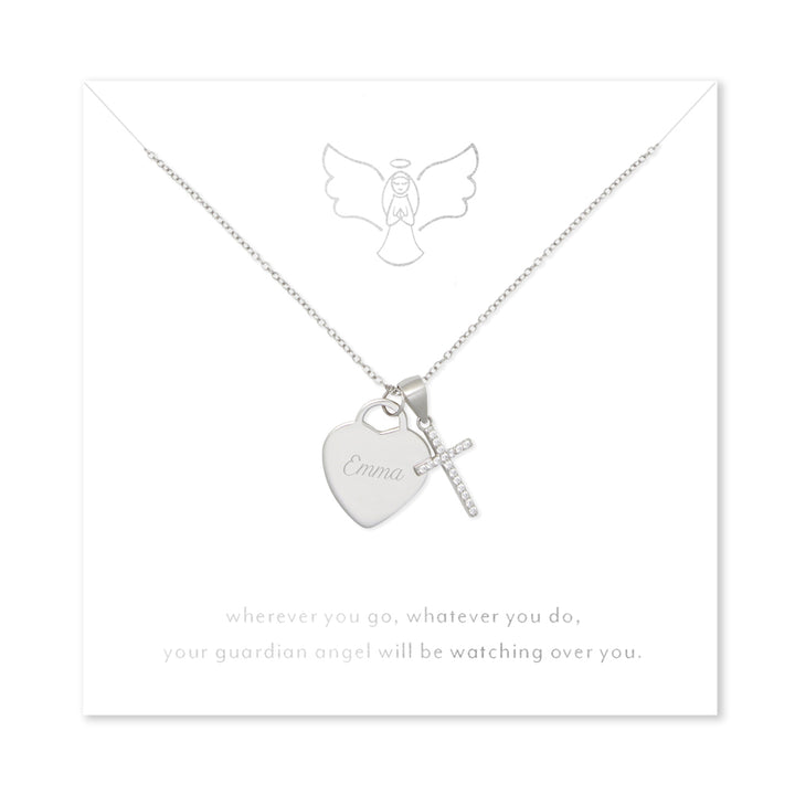 Guardian Angel Sterling Silver Engravable Heart with CZ Cross Pendant