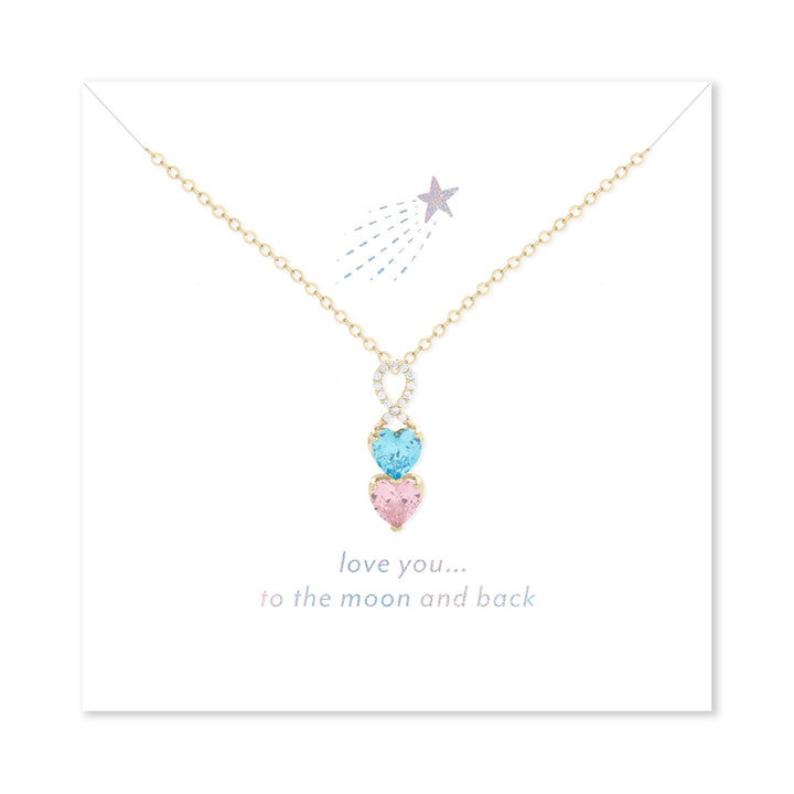 Love You to the Moon and Back 2 Stone Gold Infinity Heart Drop Birthstone Necklace