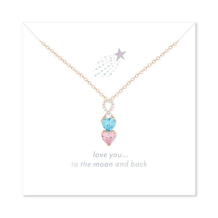 Love You to the Moon and Back 2 Stone Rose Gold Infinity Heart Drop Birthstone Necklace