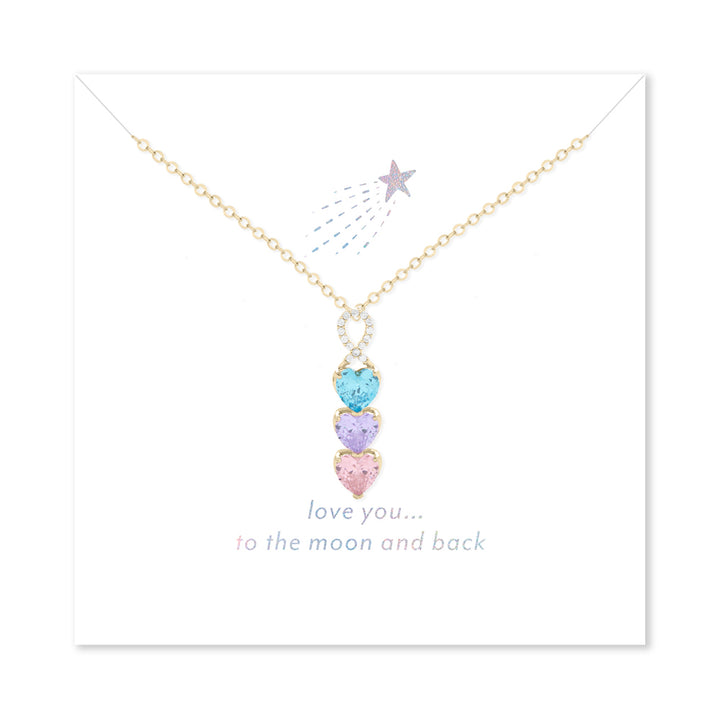 Love You to the Moon and Back 3 Stone Gold Infinity Heart Drop Birthstone Necklace