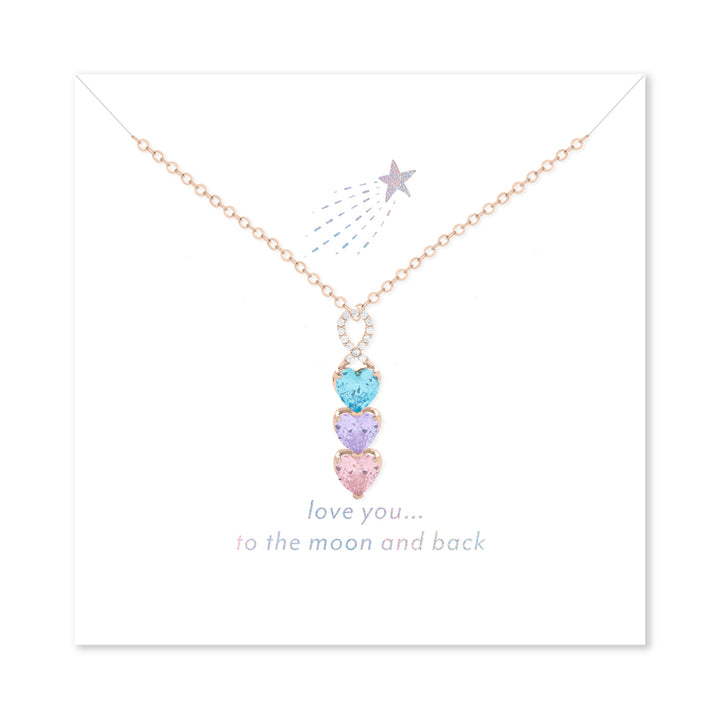 Love You to the Moon and Back 3 Stone Rose Gold Infinity Heart Drop Birthstone Necklace