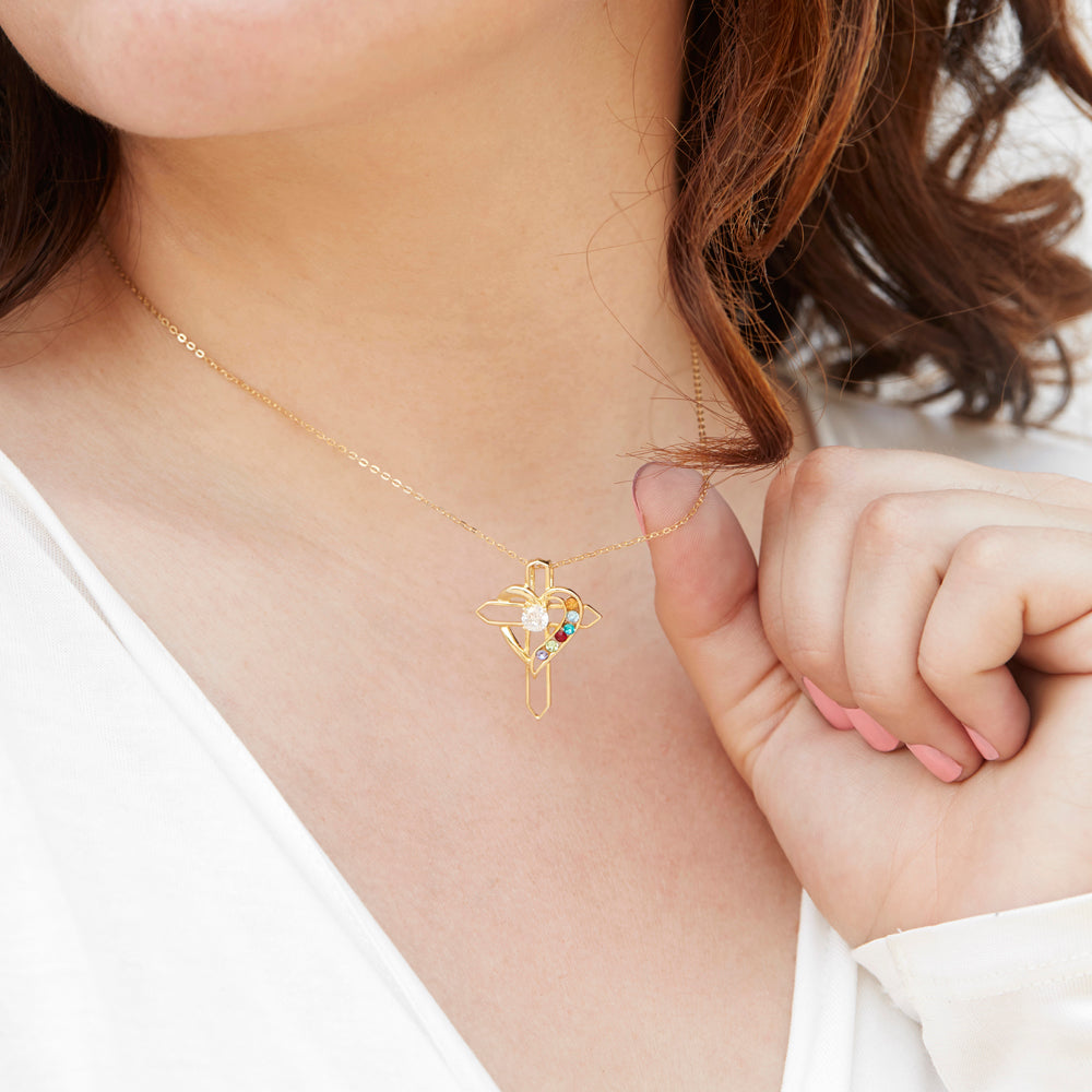 6 Birthstone Heart and Cross Gold Necklace