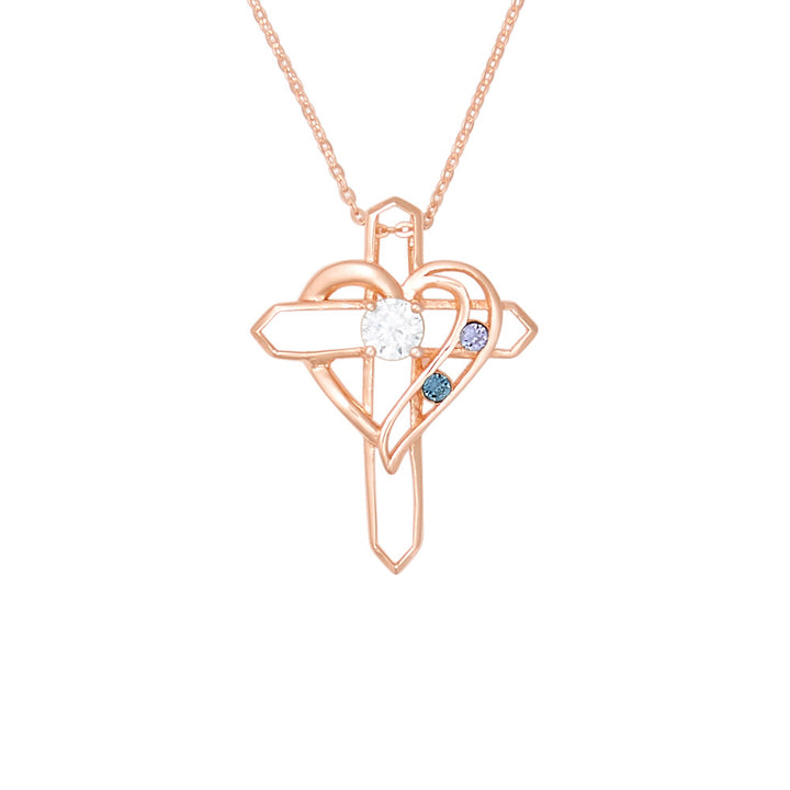 2 Birthstone Heart and Cross Rose Gold Necklace