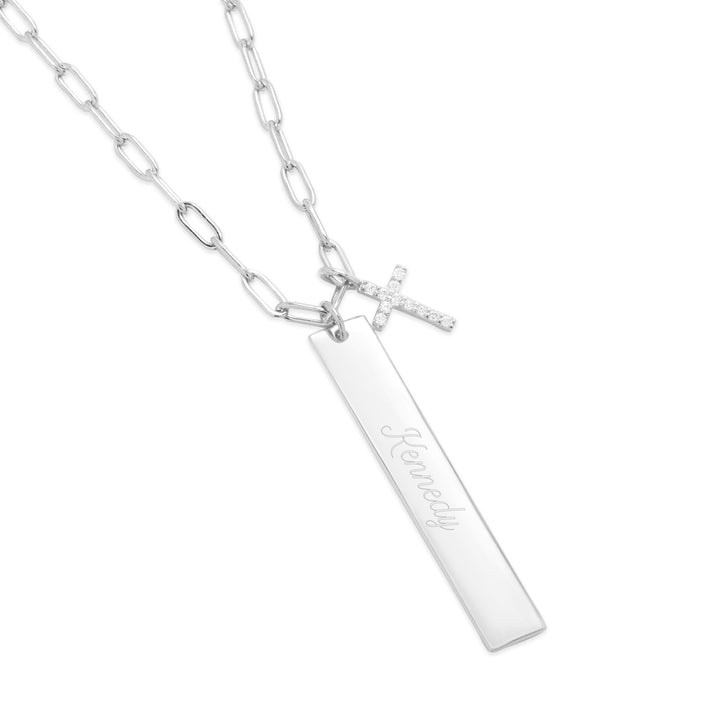 Engravable Paperclip Chain Vertical Bar CZ Cross Necklace