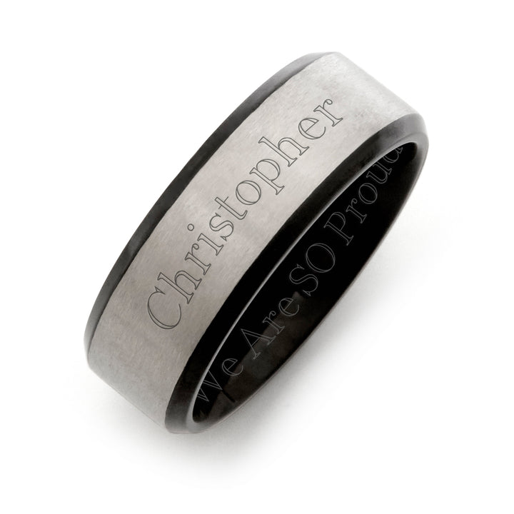 Brushed Silver Black Titanium Class Ring For Men