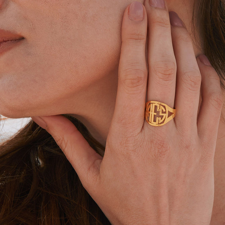 Gold Block Monogram Ring