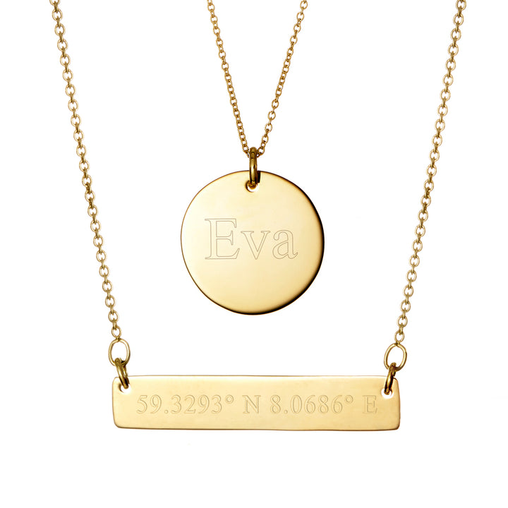 Custom Coordinate Gold Bar and Round Tag Layered Pendant Set