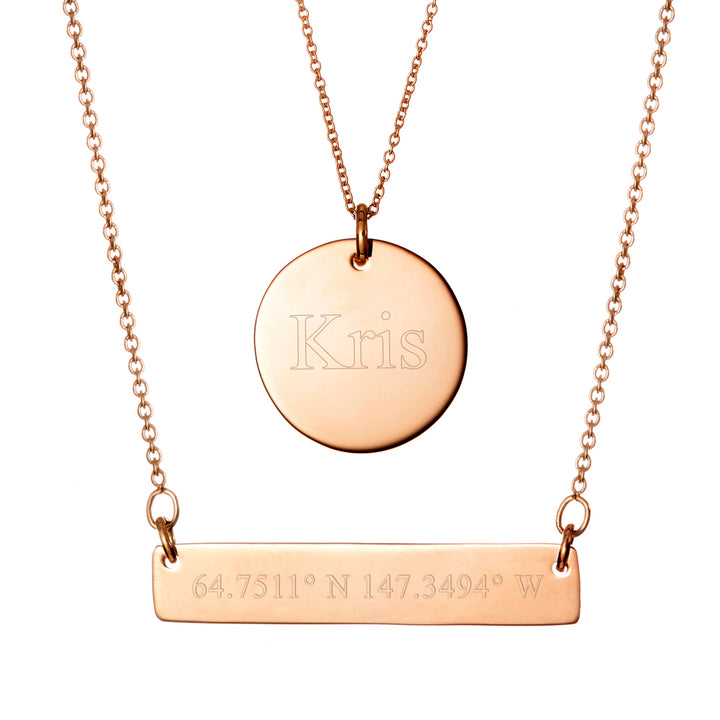 Custom Coordinate Rose Gold Bar and Round Tag Layered Pendant Set