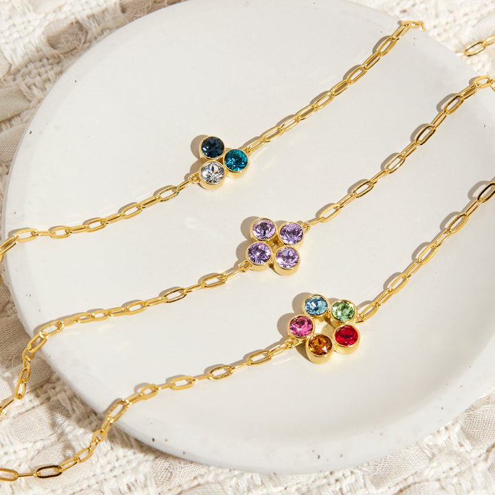 Custom Paperclip Chain Three Stone Gold Flower Bezel Birthstone Bracelet