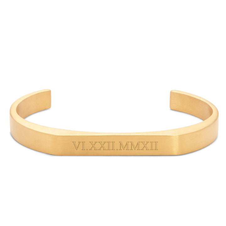 Roman Numeral Men's Brushed Gold Plated Stainless Steel Rectangle Cuff Bracelet