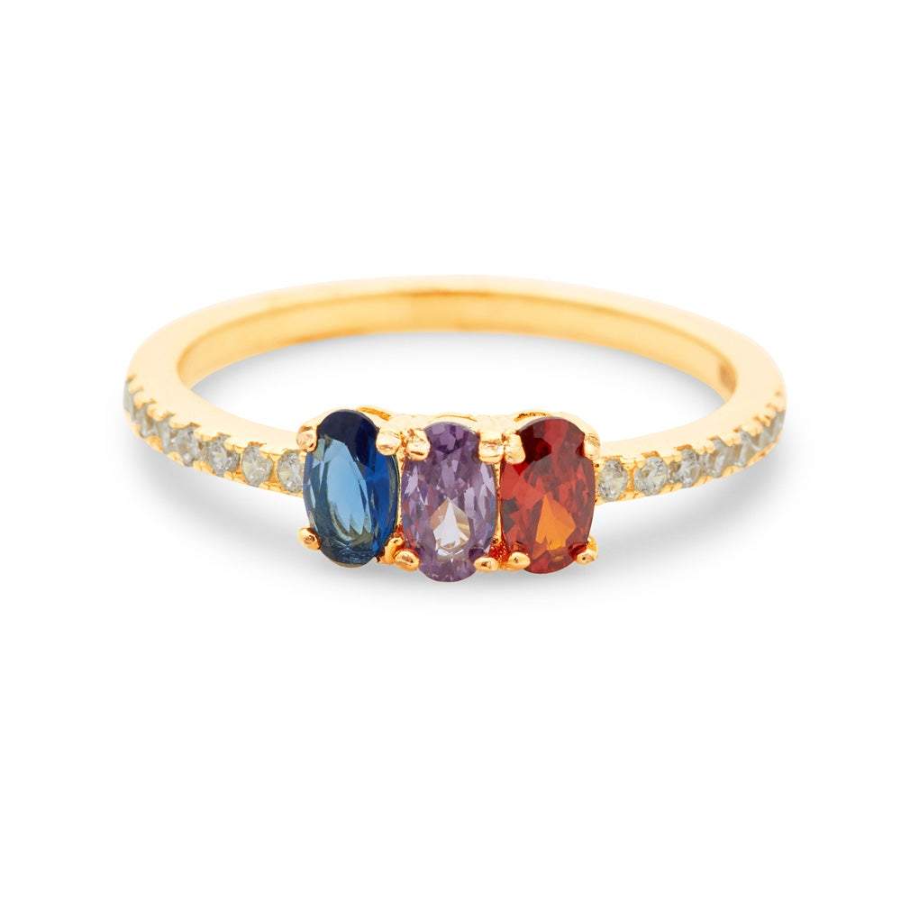 Three Stone Oval Birthstone Pave Band Gold Ring