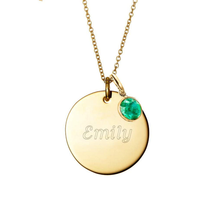 Dangling Birthstone Engravable Gold Round Tag Pendant