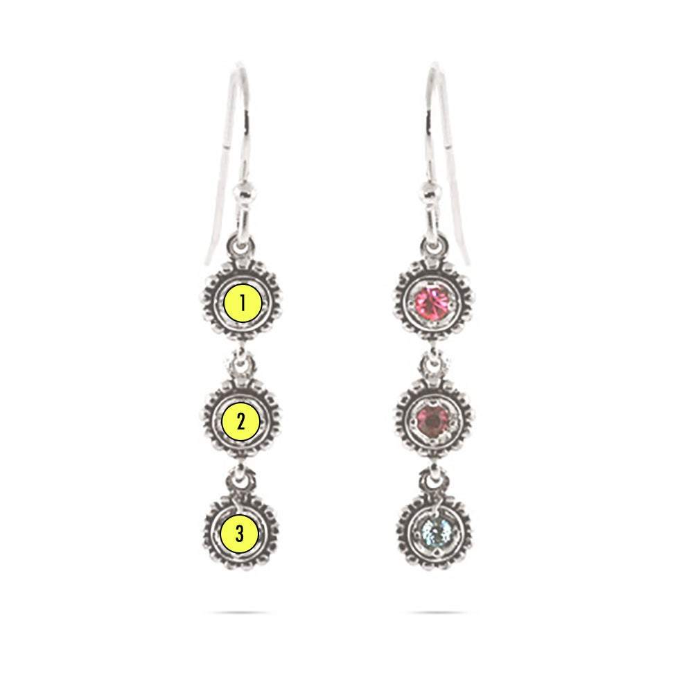 3 Stone Custom Birthstone Sterling Silver Dangle Earrings