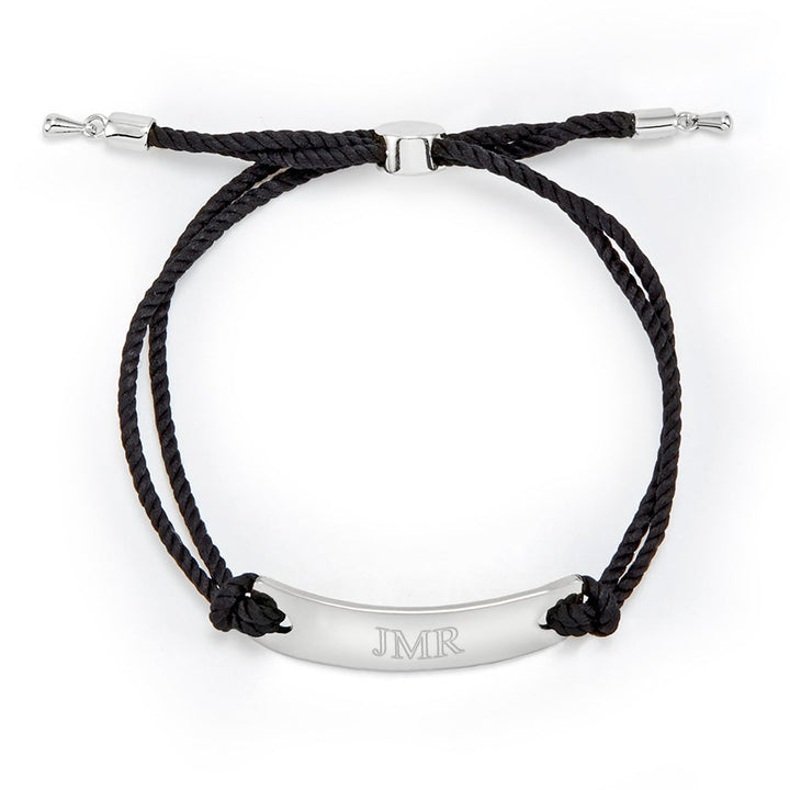 Engravable Bar Rope Bolo Bracelet in Black and Silver