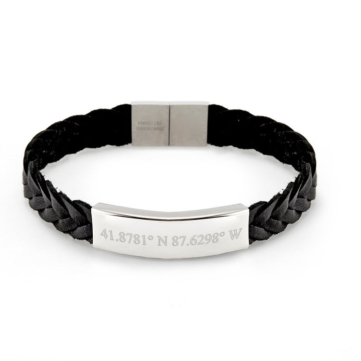 Custom Coordinate Men's Braided Leather ID Bracelet