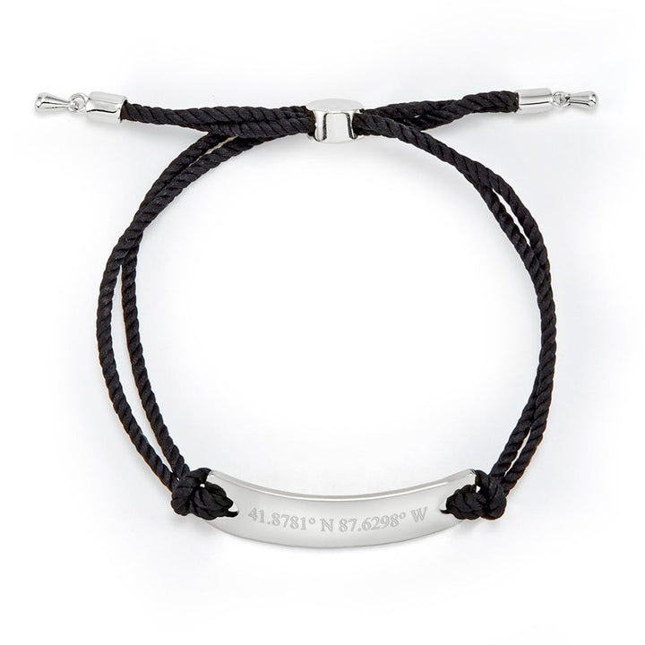 Custom Coordinate Bar Rope Bolo Bracelet in Black and Silver