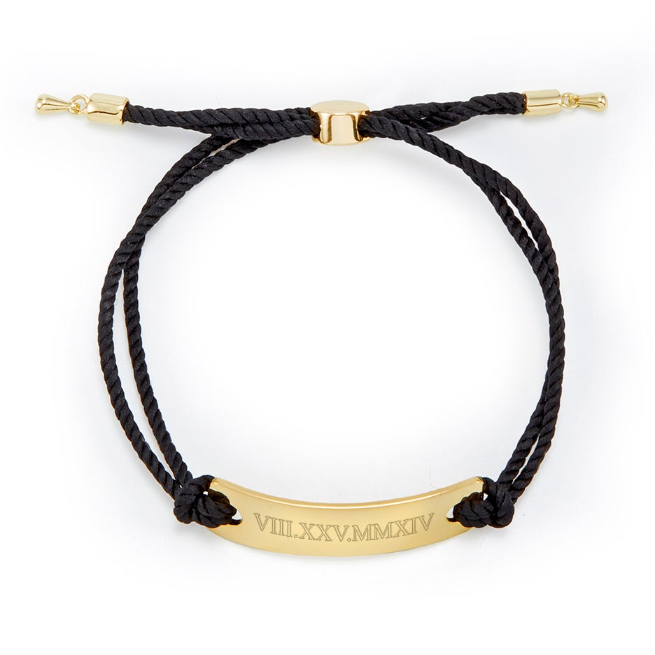 Roman Numeral Bar Rope Bolo Bracelet in Black and Gold