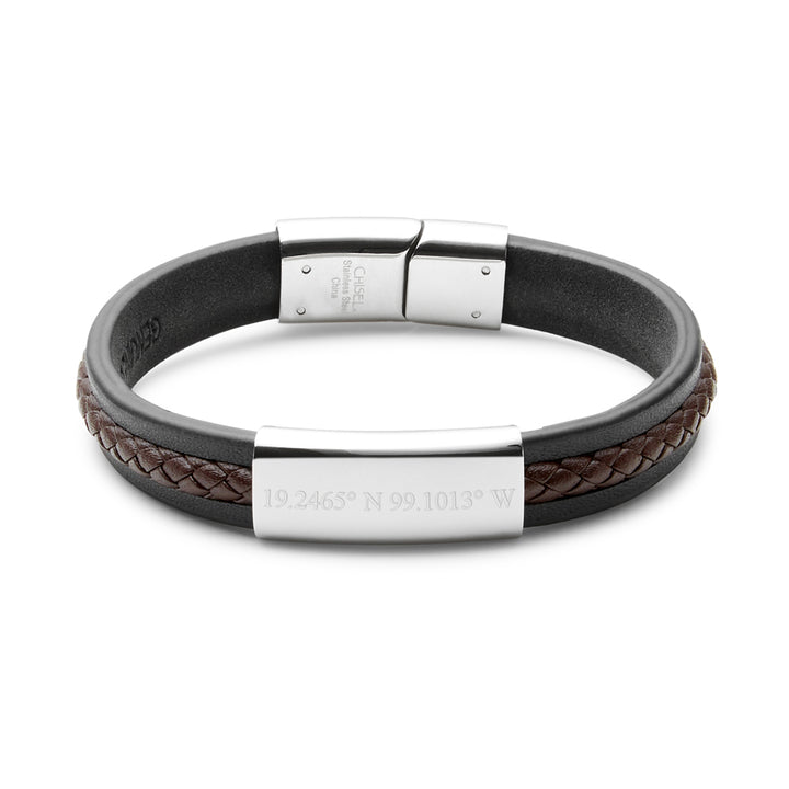 Custom Coordinate Men's Black with Brown Braided Leather ID Bracelet