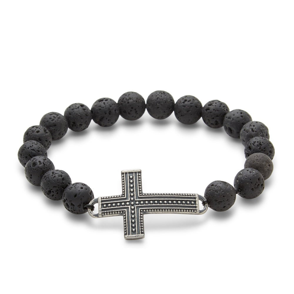 Men's Lava Rock Antiqued Cross Bead Bracelet