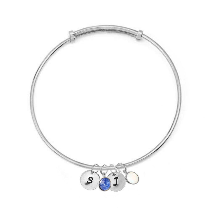 Hand Stamped Initial Birthstone Silver Bangle Bracelet