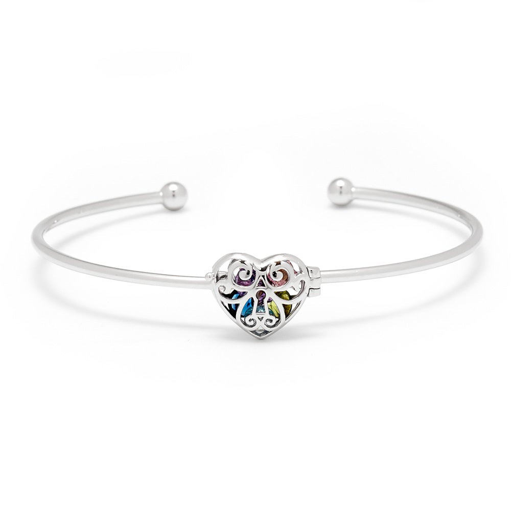 Locket Heart 4mm Round Birthstone Silver Cuff Bracelet