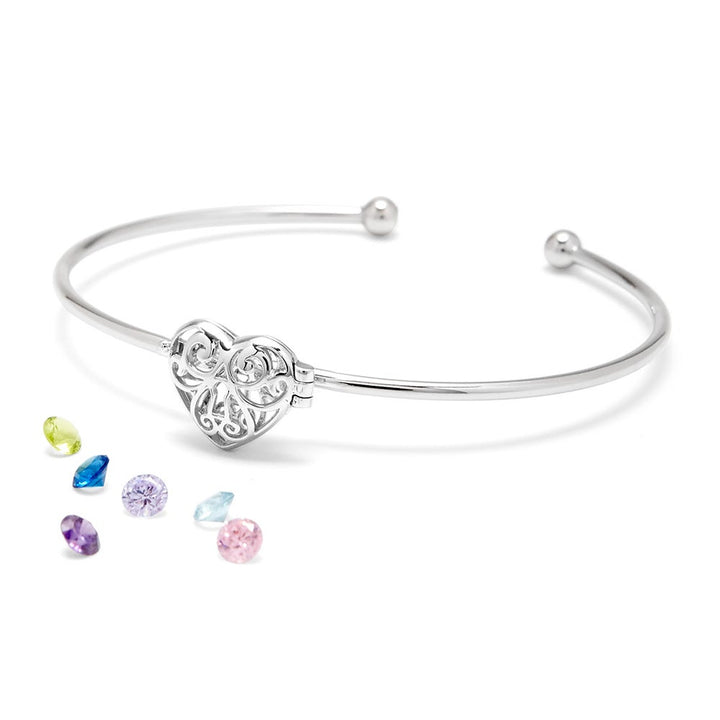 Locket Heart 4mm Round Birthstone Silver Cuff Bracelet