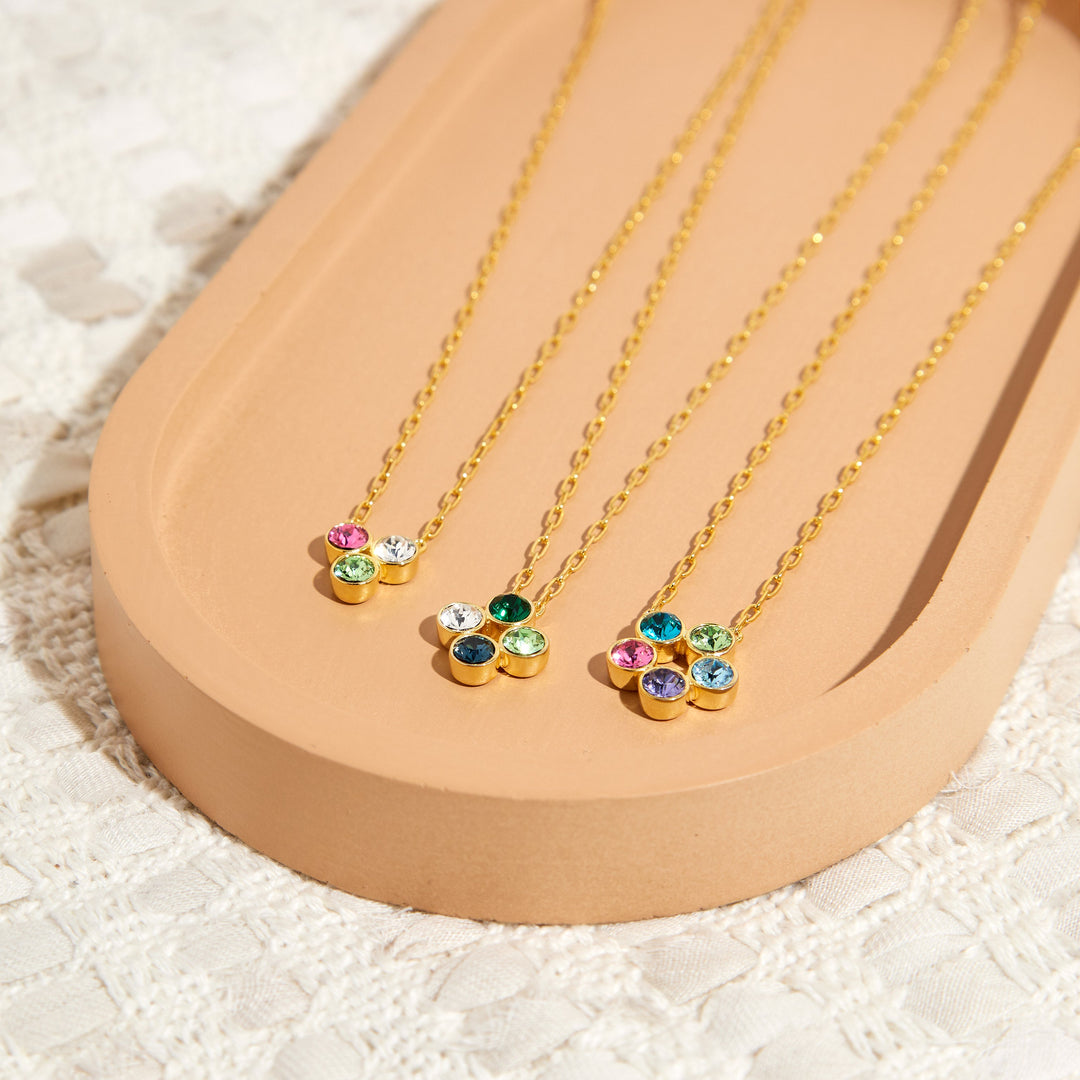 Custom Paperclip Chain Four Stone Gold Flower Bezel Birthstone Necklace