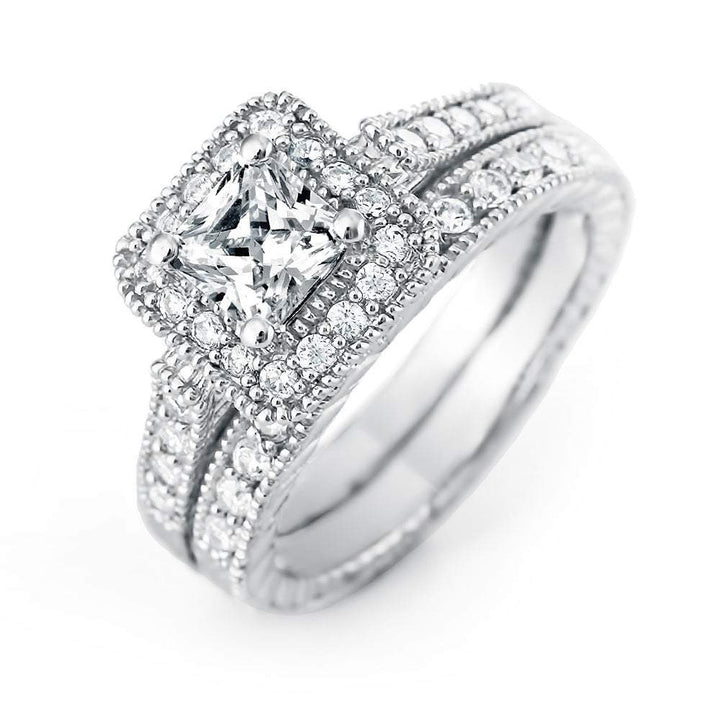 Princess Cut Halo Heirloom CZ Wedding Ring Set