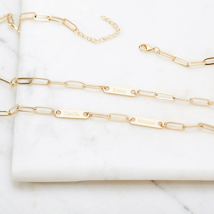 Gold Plated Paperclip Chain Engravable Four Name Bar Bracelet