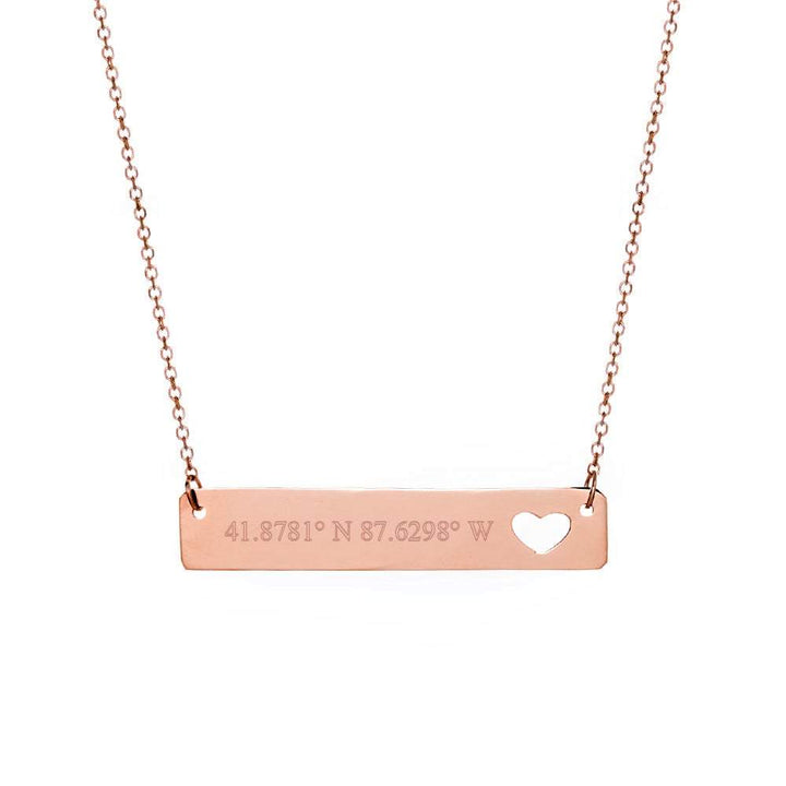 Custom Coordinate 14K Rose Gold Heart Cut Out Name Bar Necklace