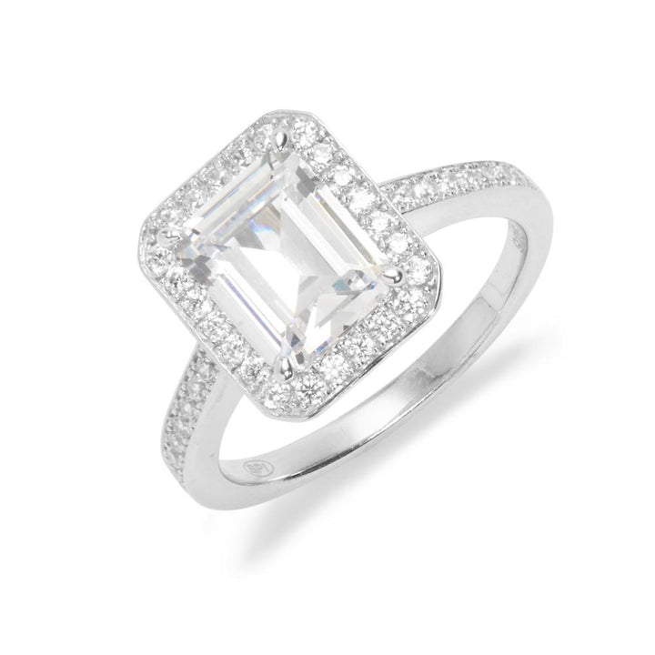 Sterling Silver Emerald Cut Halo CZ Engagement Ring