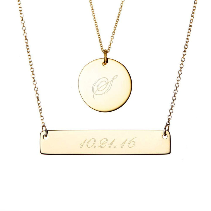 14K Gold Bar and Round Tag Layered Pendant Set