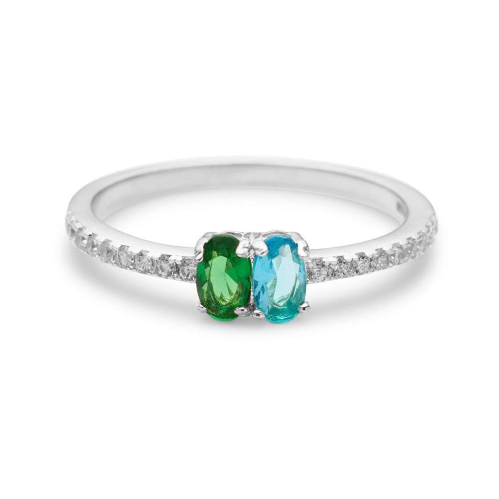 Two Stone Oval Birthstone Pave Band Silver Ring