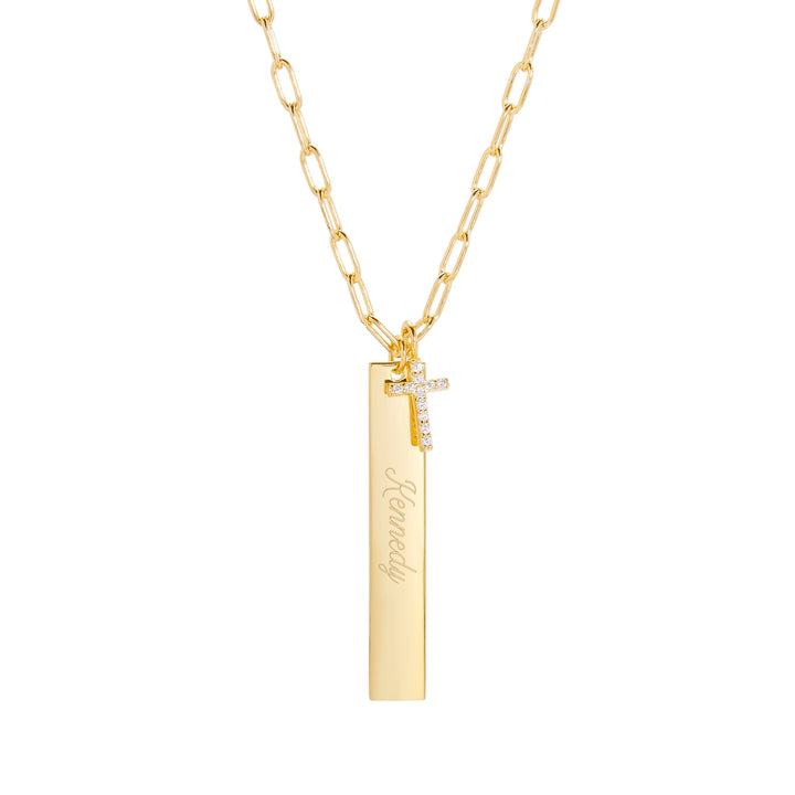 Engravable Paperclip Chain Vertical Bar Gold CZ Cross Necklace