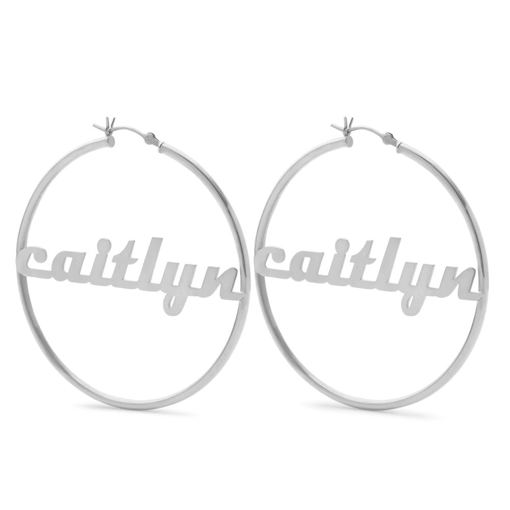 Modern Script Sterling Silver Name Hoops