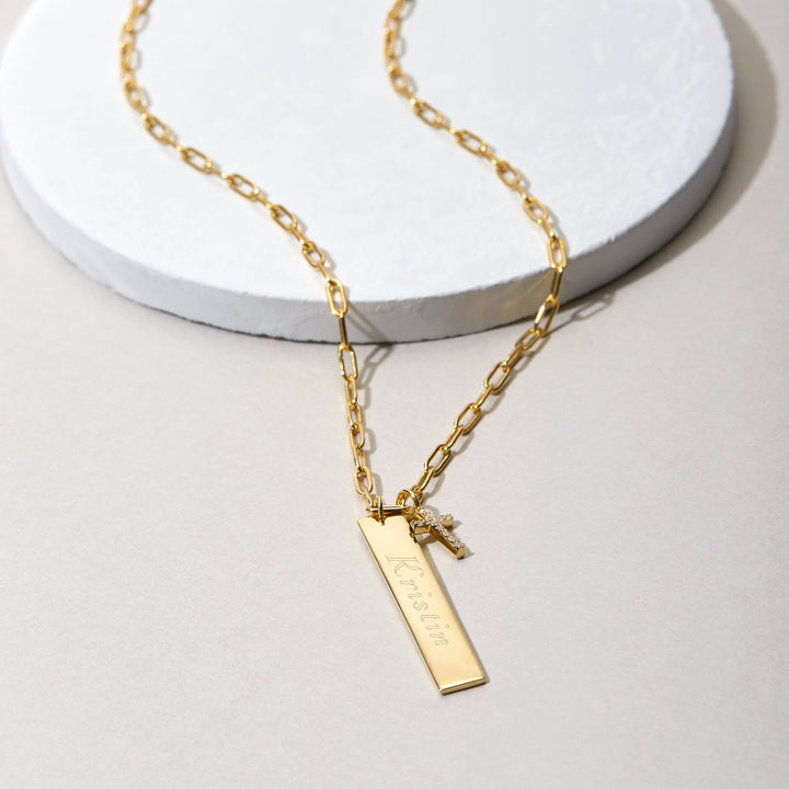 Engravable Paperclip Chain Vertical Bar Gold CZ Cross Necklace