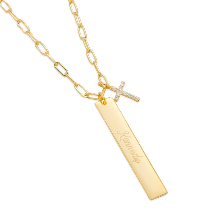 Engravable Paperclip Chain Vertical Bar Gold CZ Cross Necklace