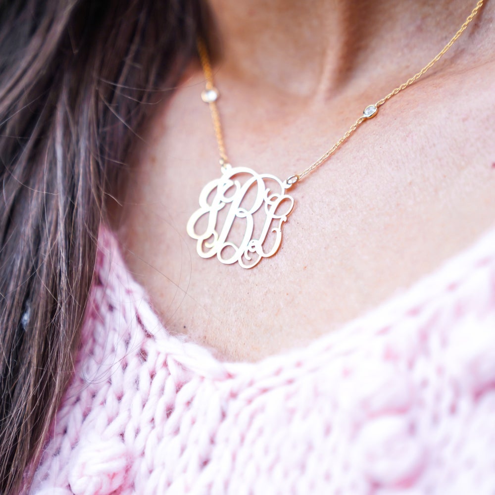 Gold Monogram Necklace with CZ Stud Chain