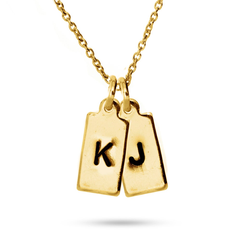 Hand Stamped Gold Double Rectangle Tag Mini Initial Necklace