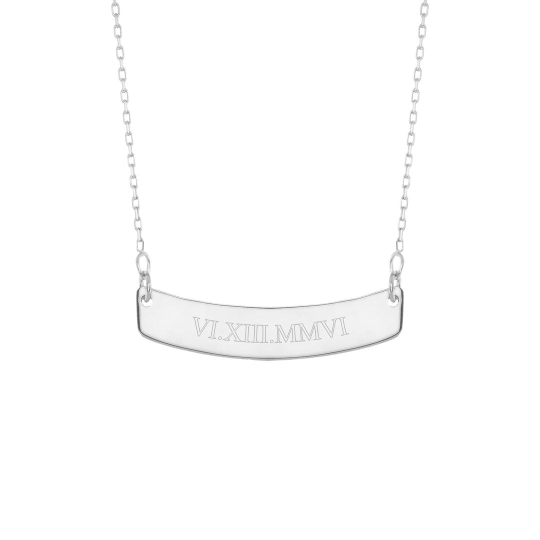 Roman Numeral Silver Curved Name Bar Necklace