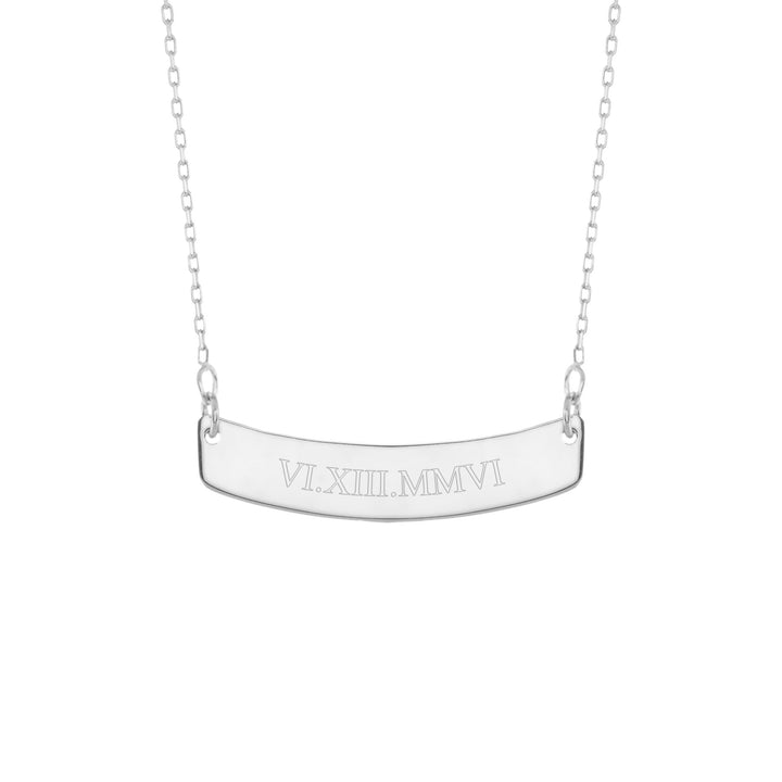 Roman Numeral Silver Curved Name Bar Necklace