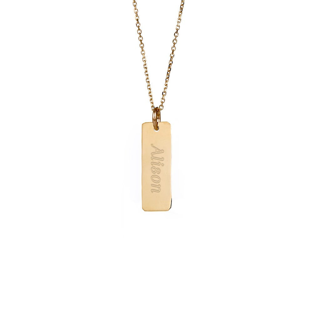 Engravable Petite Vertical Gold Bar Necklace (left to right)