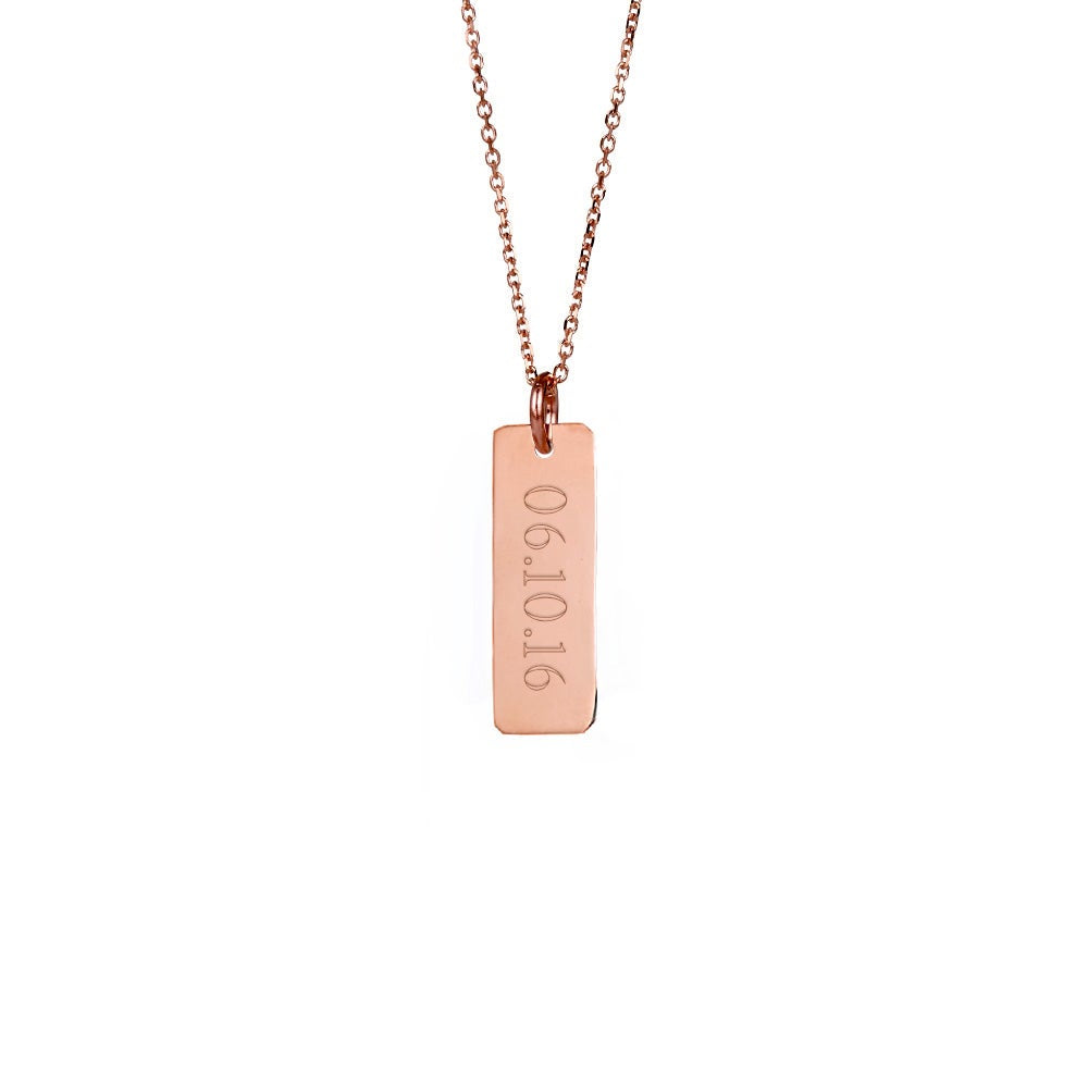 Custom Date Petite Vertical Rose Gold Bar Necklace (left to right)