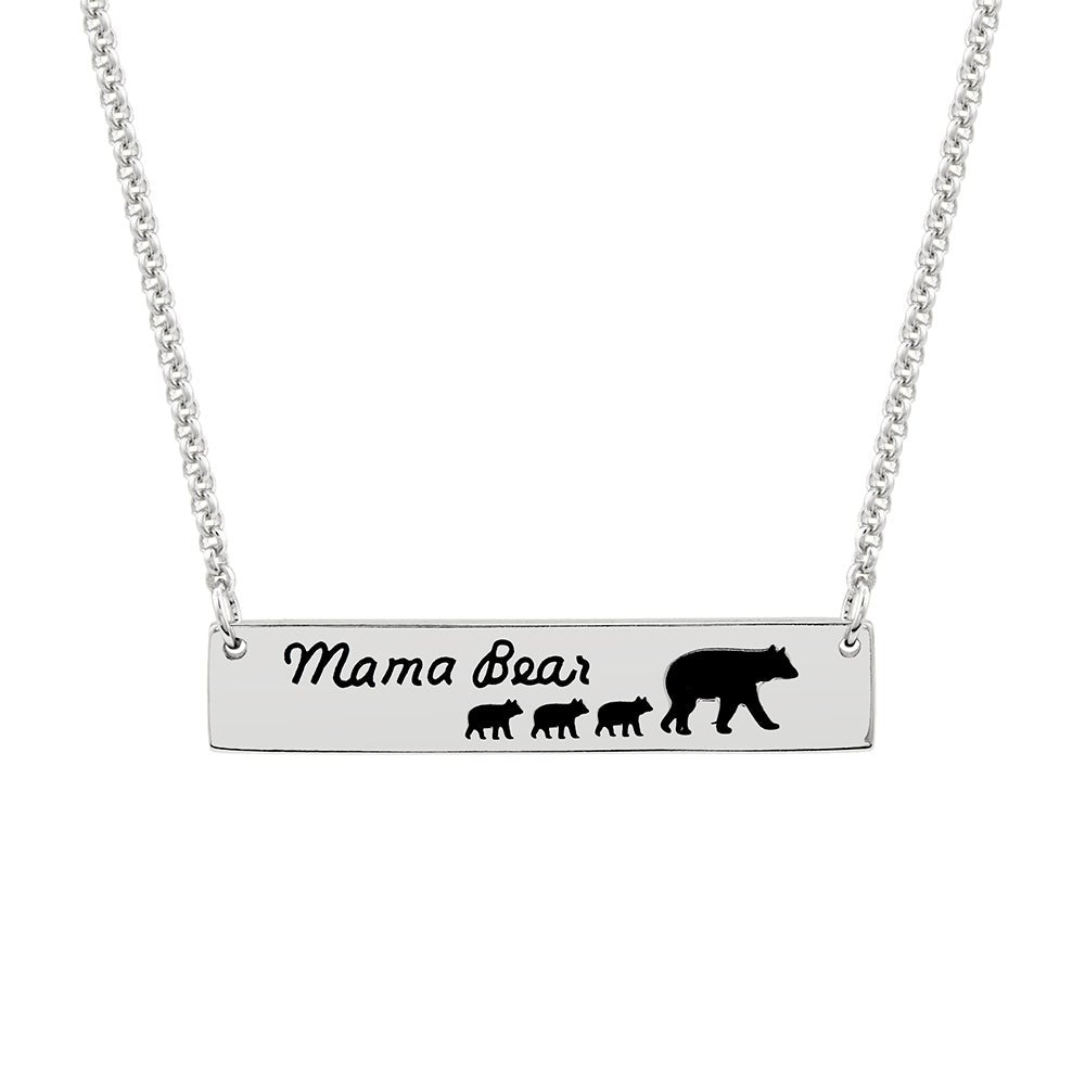 Mama Bear and Three Baby Cubs Silver Name Bar Necklace