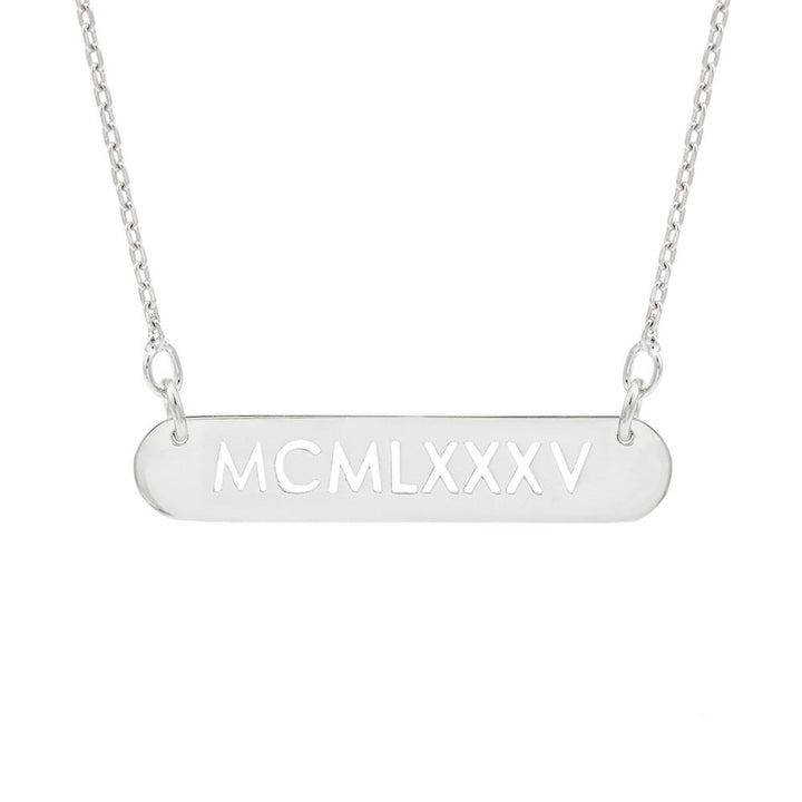 Oval Name Bar Cutout Roman Numeral Silver Necklace